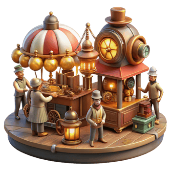 hypnotic distinguished A bustling steampunk marketplace, filled with vendors selling bizarre gadgets and automatons, warm gaslight illumination, a chaotic and vibrant scene png
