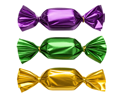 Three wrapped candies in purple, green, and gold. png