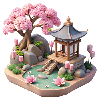 majestic bohemian A traditional Japanese garden with a koi pond, stone lanterns, cherry blossoms, serene atmosphere, peaceful, original png