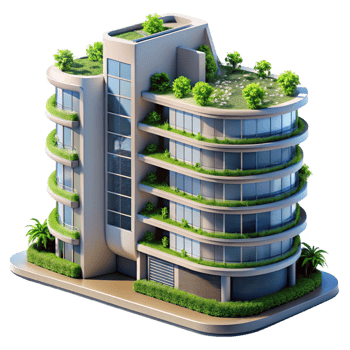 sought after futuristic A futuristic apartment complex with vertical gardens, sleek design, sustainable architecture, bright sunlight, utopian, perfect clarity png