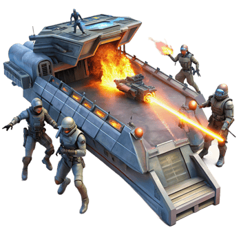 peaceful immaculate A group of space pirates boarding a derelict spaceship, laser fire illuminating the chaotic scene. Dark, gritty lighting. Space opera style handcrafted png