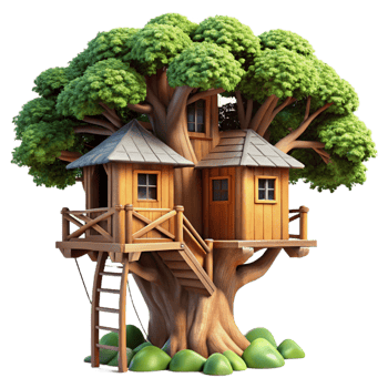 nostalgic enchanting A treehouse built into a giant redwood tree, dappled sunlight filtering through leaves, rustic wooden construction, whimsical atmosphere, magical realism original png
