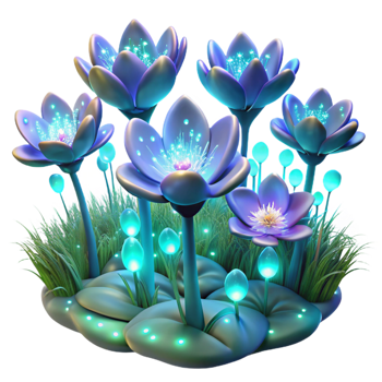 glorious tropical A field of blooming, bioluminescent flowers, with glowing petals and intricate details, in a dark, fantastical setting detailed png