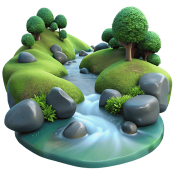 hypnotic urban A bubbling stream flowing through a mossy forest, soft diffused light, tranquil and serene, nature photography style flawless png