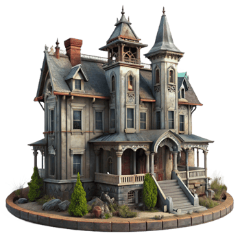 mesmerizing timeless A decaying Victorian mansion, peeling paint, overgrown gardens, overcast lighting, gothic atmosphere, horror style, png