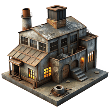 calm splendid An abandoned factory with broken windows and rusty machinery, dim industrial lighting, dystopian style handcrafted png