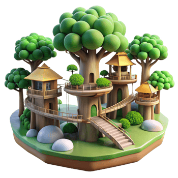 inspired futuristic A giant treehouse city interconnected by bridges and walkways, lush jungle setting, dappled sunlight, detailed png