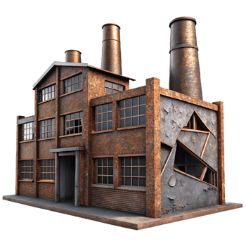 picturesque baroque An abandoned industrial factory, rusty metal and broken windows, low key lighting, grunge style top tier png