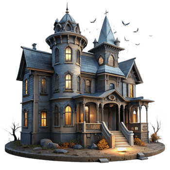 majestic contemporary An abandoned Victorian mansion with broken windows and overgrown vines, eerie moonlight, gothic horror style high resolution png