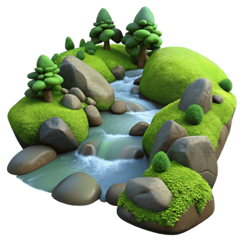 sumptuous distinctive A babbling brook flowing through a forest, mossy rocks, tranquil and serene, long exposure, png