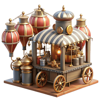 energetic vibrant A bustling steampunk marketplace, filled with vendors selling strange gadgets and contraptions. Bright, midday lighting. Concept art style exclusive png