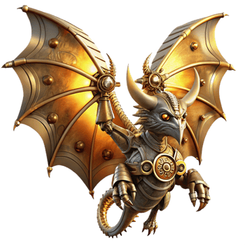 elegant classic A majestic steampunk clockwork dragon, wings spread wide, intricate gears and pipes exposed, bathed in the golden light of a setting sun. Digital painting, highly detailed flawless png
