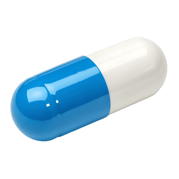 Close up of a single blue and white capsule. png