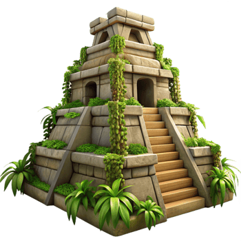 distinguished modern An ancient Mayan pyramid overgrown with jungle vines, dappled sunlight, intricate stone carvings, mysterious atmosphere, sense of ancient history precision png