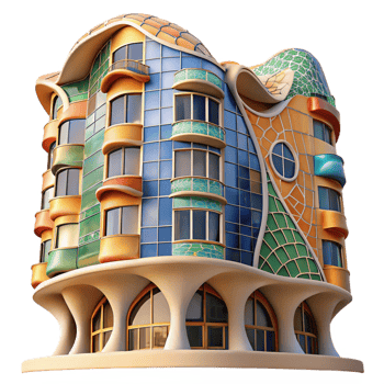 vibrant gothic Gaudi inspired apartment building, curved lines, colorful mosaics, bright sunlight, Art Nouveau, crisp png