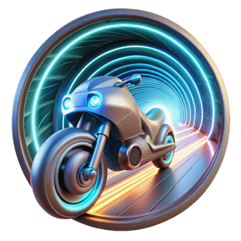 remarkable contemporary A futuristic motorcycle, with glowing neon accents, speeds through a holographic tunnel, leaving a trail of light in its wake. Dynamic, motion blur. Cyberpunk style original png