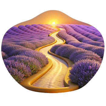 distinctive industrial A winding dirt road through a field of lavender at sunset, painterly style, warm golden light crisp png
