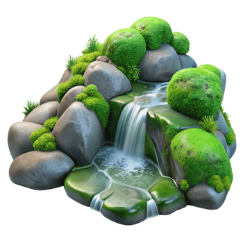 magnificent iconic A crystal clear stream cascading over moss covered rocks in a sun dappled forest. Hyperrealistic, detailed textures, vibrant colors png