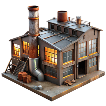 sought after modern An abandoned factory with broken windows and rusty machinery, dim industrial lighting, dystopian style fine detail png