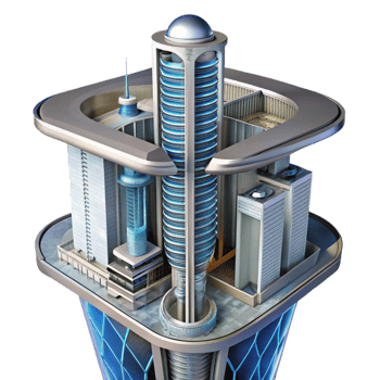striking iconic A cross section of a futuristic skyscraper, showcasing its inner workings, technical illustration style, detailed, png