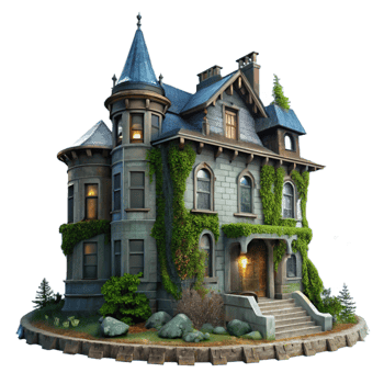 stunning industrial A crumbling Victorian mansion, overgrown with ivy, moonlight, desaturated colors, painterly style, visible brick and peeling paint, fog rolling in perfect clarity png