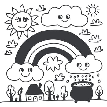 Cartoon scene with sun clouds rainbow pot of gold and house vector