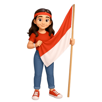 A 3D rendered young cartoon girl holding an Indonesian flag, smiling and celebrating national pride, dressed in red and white. png