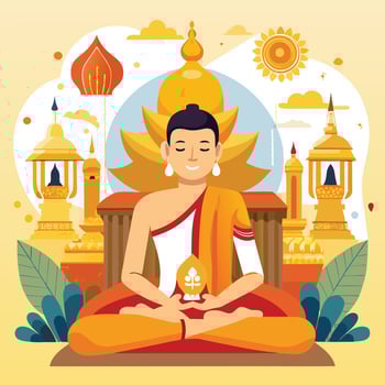 a buddha is sitting in a lotus position with a lot of buildings in the background vector