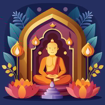 buddha statue in the temple with lotus flowers and candles vector