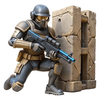 mesmerizing distinctive A futuristic soldier, armed with a plasma rifle, takes cover behind a crumbling wall in a war torn cityscape. Gritty, realistic lighting. Military sci fi style png