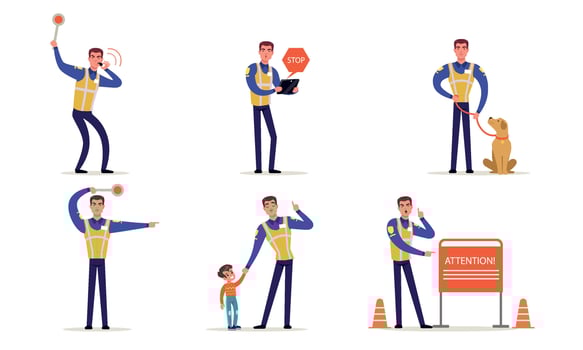 Traffic Police Officer in Uniform Collection, Policeman Standing on Road and Making Signs with his Hands Illustration vector