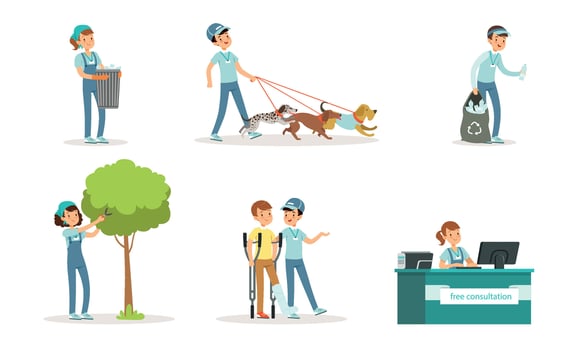 Volunteers Collection, Young People Helping Disabled, Walking with Dogs, Caring for Garden and Collecting Garbage Illustration vector