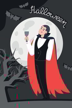 Halloween Party Poster with Vampire in Cloak Drinking Goblet Under Full Moon, Dark and Spooky Theme. design template for cards, cover, banner, flyer, web, social media vector