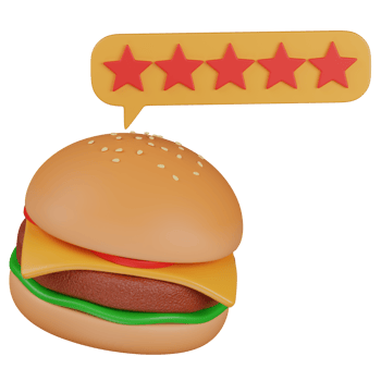 3d render burger with a 5-Star Review icon png