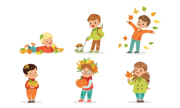 Cute Boys and Girls Playing with Autumn Leaves, Kids Throwing Leaves Up, Collecting Mushrooms, Outdoor Autumn Activities Illustration vector
