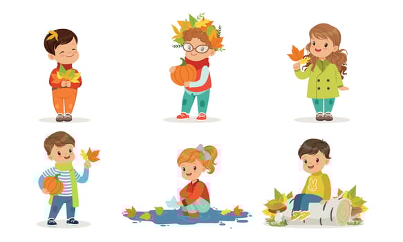 Outdoor Autumn Activities Collection, Cute Boys and Girls Playing with Autumn Leaves, Collecting Mushrooms Illustration vector
