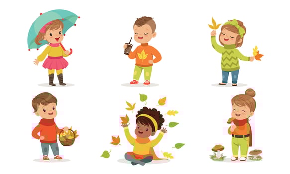 Outdoor Autumn Activities Collection, Cute Boys and Girls Having Good Time, Walking and Playing Wearing Warm Autumnal Clothes Illustration vector