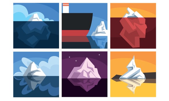 Collection of Icebergs Floating on Water with Underwater Parts, Beautiful Nothern Landscape Illustration vector