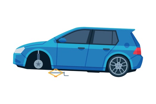 Tire Wheel Changing, Blue Wheelless Car, Auto Service, Road Accident Flat Illustration vector