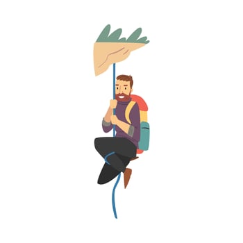 Young Man with Hiking Backpack Climbing the Mountain Using the Rope Illustration vector