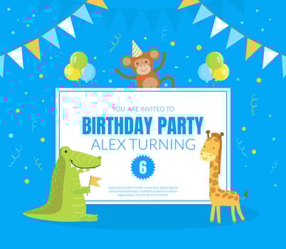Birthday Party Banner Template, Invitation Card, Poster with Cute African Animals illustration vector