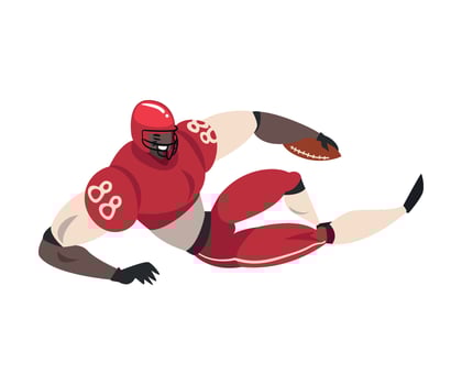 American Football Player, Male Athlete Character in Red Sports Uniform and Protective Helmet in Action Pose Illustration vector