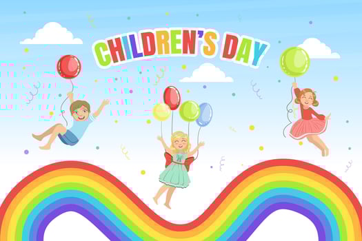 Childrens Day Banner Template, Happy Kids Jumping on Rainbow During Sunny Day Illustration vector