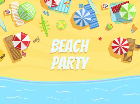 Beach Party Banner Template, Summer Party Invitation Card, Flyer with Tropial Beach and Colorful Parasols Illustration vector