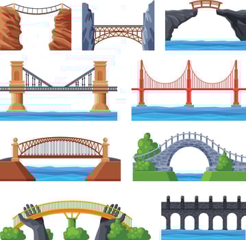 Various Bridges Collection, Urban Architecture Design Elements, Bridge Construction Flat Illustration vector