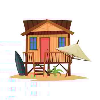 Beach Bungalow on Coast of Tropical Sea, Summer Seaside Vacation Wooden Cabin Illustration vector