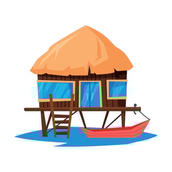 Beach Bungalow on Water of Tropical Sea, Summer Seaside Vacation Wooden Cabin and Boat Illustration vector