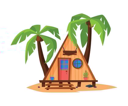 Tropical Beach Bungalow on Coast of Sea or Ocean, Summer Seaside Vacation Wooden Cabin and Palm Trees Illustration vector