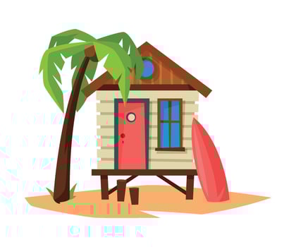 Tropical Beach Bungalow on Sea Coast, Summer Seaside Vacation Wooden Cabin, Palm Tree and Surfboard Illustration vector