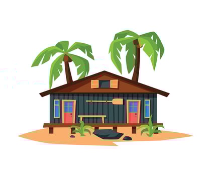 Beach Bungalow on Coast of Sea or Ocean, Summer Tropical Vacation Wooden Cabin and Palm Trees Illustration vector